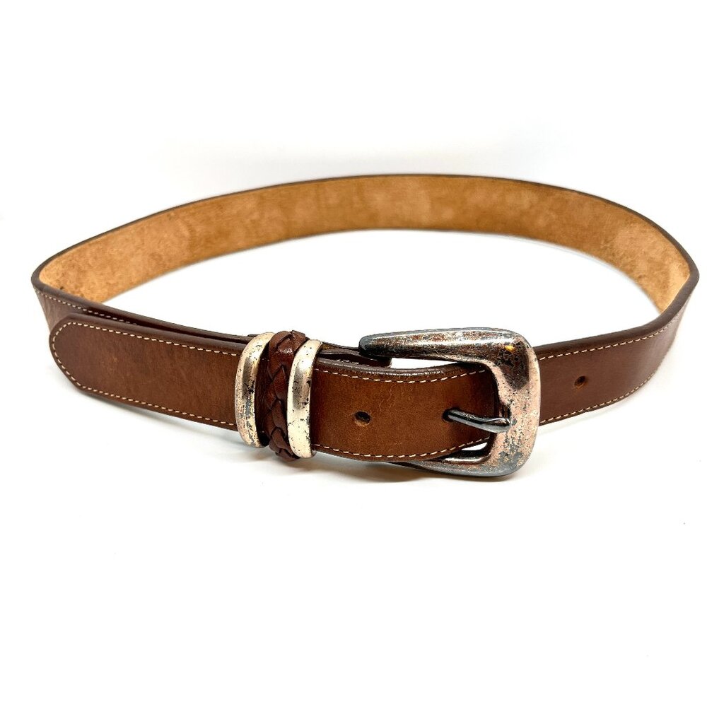 VINTAGE BRIGHTON Belt Brown Leather Silver Tone Buckle Braided Keeper SMALL